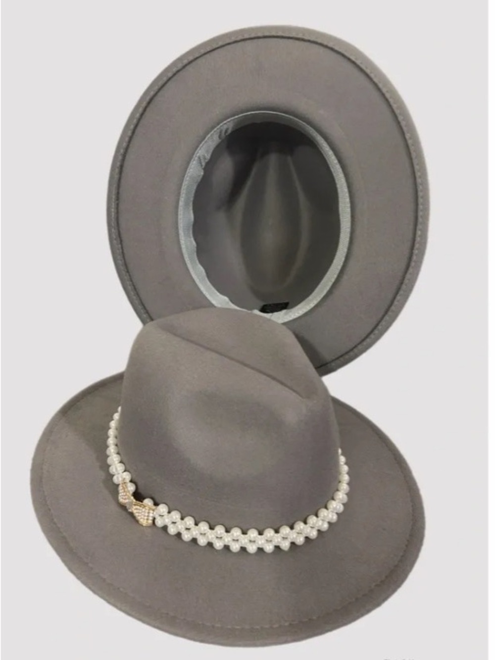 Gray Wide-Brim Fedora Hat with Pearl Chain